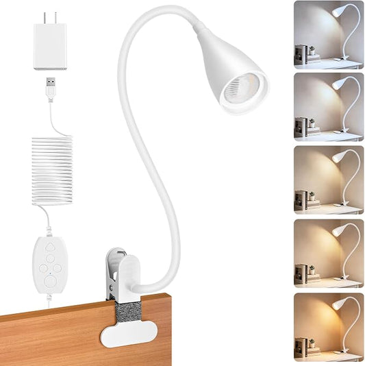 Reading Light for Book in Bed,Clip on Light Reading Lamp with Adapter White | 5 Color Modes 10 Brightness, Flexible Eye-Caring Clip on Desk Lamp Book Light for Reading in Bed Headboard Bedside Bedroom