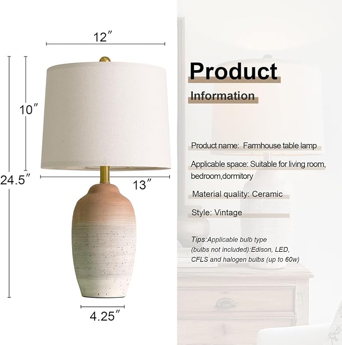 USumkky 24.5" Ceramic Table Lamp with 5FT Cord, Single Farmhouse Vintage Rustic Bedside Lamp for Living Room Bedroom Entryway, Linen Shade Nightstand End Table Decor (Bulb Not Included)-White&Brown