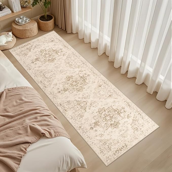 2'6''x8' Hallway Washable Runner Rug: Kitchen Carpet Beige/Ivory | Vintage Boho Soft Small Indoor Decor Floor Non-Slip Low Pile Neutral Farmhouse Entryway Laundry Bathroom Bedroom Beside Rugs