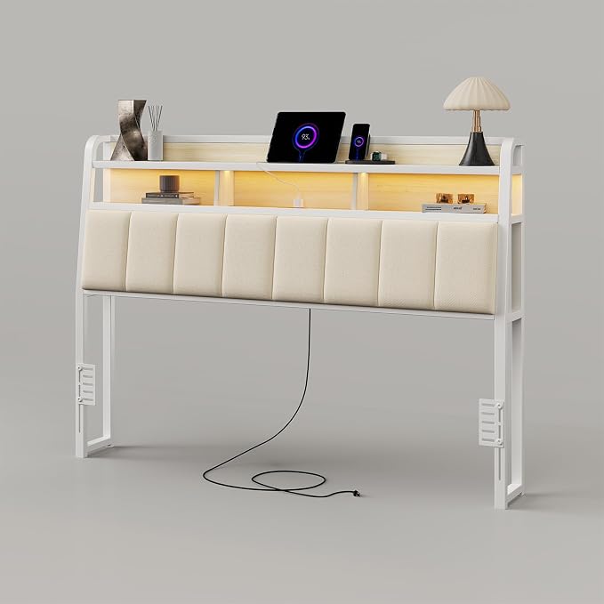 Queen Headboard Only with Storage, Charging Station, Off White | Upholstered Headboards for Queen Size Bed with LED Light, Height Adjustable, Sturdy and Stable Headboard
