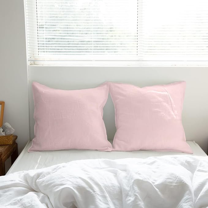 Simple&Opulence 100% Washed Linen Euro Shams 26'' x 26'' Pack of 2, Basic Style Solid Color Natural Flax Farmhouse Decorative Square Throw Pillow Covers for Bed Couch Sofa - Brush Pink