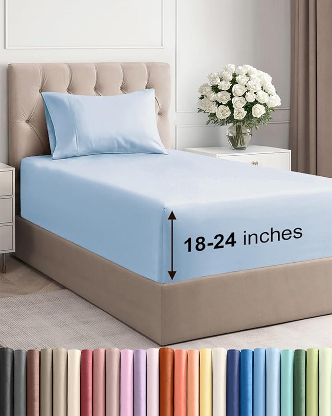 Extra Deep Twin Sheet Set - 3 Piece Breathable & Cooling Sheets - Sky Blue | Easily Fits 18 to 24 inch Mattress - Ultra Soft, Wrinkle & Fade Free with Extra Deep Pockets - Comfy Hotel Luxury Bedding