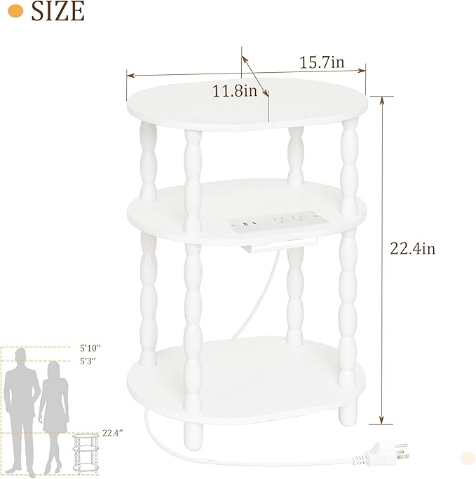 MaxSmeo White Side Table with Charging Station, 3-Tier Small Oval End Table with USB Ports and Outlets, Modern Night Stand Wood Accent Table for Living Room, Bedroom, White
