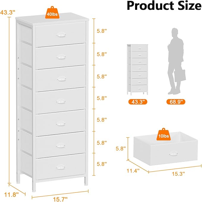 Furnulem White Tall Dresser for Bedroom, Chest of Drawer with Fabric Drawer | Tall Skinny Dresser with 7 Drawers, Metal Frame, Wooden Top, Dorm Vertical Closet, Bedside Furniture in Living Room
