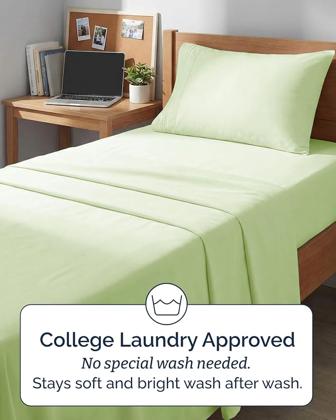 Twin XL 3 Piece Sheet Set - College Dorm Room Essentials - Light Sage Green | Deep Pocket Bed Sheets for Women, Men, Teens & Students, Soft, Cooling, Breathable & Wrinkle Free, Oeko-Tex Bed Sheet Set