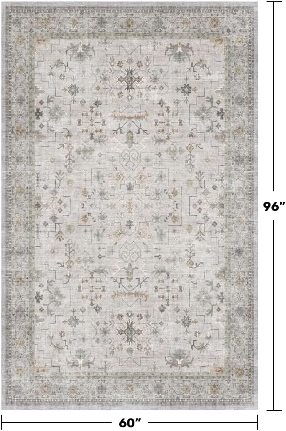 Washable 5x8 Living Room Rug - Light Gray & Sage Area Rug for Nursery, Dining Under Table, Bedroom, Modern Vintage Eclectic Geometric Floral Neutral, Low Pile Stain Resistant