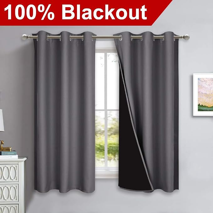 NICETOWN Grey Blackout Curtains for Bedroom 42" Wide x 63" Long 2 Panels | 100% Room Darkening with Black Liners Thermal Insulated 2-Layer Lined Drapes, Energy Efficiency Window Draperies Home Decor