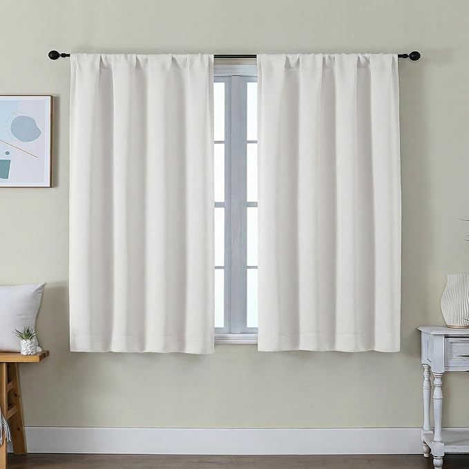 Simplebrand Ava Ivory Short Light Filtering Curtains for Bedroom 45 Inches Long 2 Panels Set, Solid Thermal Insulated, Energy Saving Window Treatment Curtains Light Filtering Drapes, W40 x L45 Inch