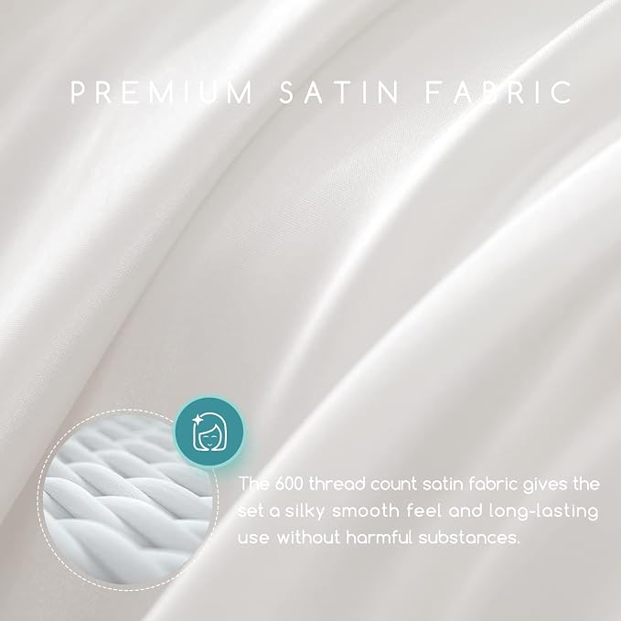 MR&HM Satin Sheets Twin Size with Elastic Corner Straps, Ivory | Similar to Silk, 3-Piece Silky Soft Bed Sheet Set, Gentle on Skin and Hair, 15" Deep Pocket, Cooling & Breathable
