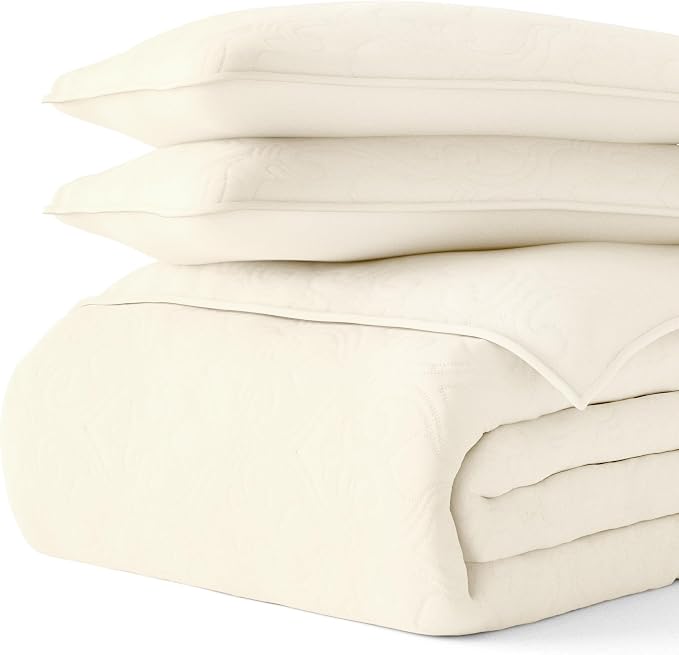 Merit Linens Classic Quilt Coverlet Soft Set in Damask Stitching - Full/Queen Ivory