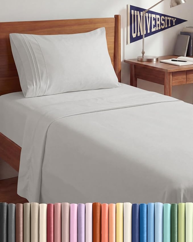 Twin XL 3 Piece Sheet Set - College Dorm Room Essentials - French Grey | Deep Pocket Bed Sheets for Women, Men, Teens & Students, Soft, Cooling, Breathable & Wrinkle Free, Oeko-Tex Bed Sheet Set