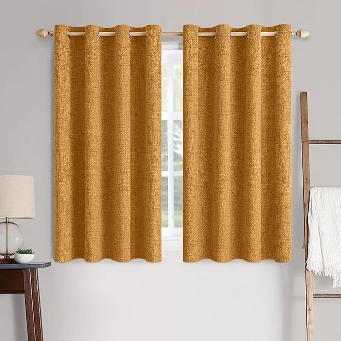 MIULEE 100% Blackout Linen Curtains for Bedroom 52x63 Inches Mustard Yellow | Room Darkening, Light Blocking, Thermal Insulated, Grommet Top, Linen Textured, Window Curtains for Living Room, 2 Panels