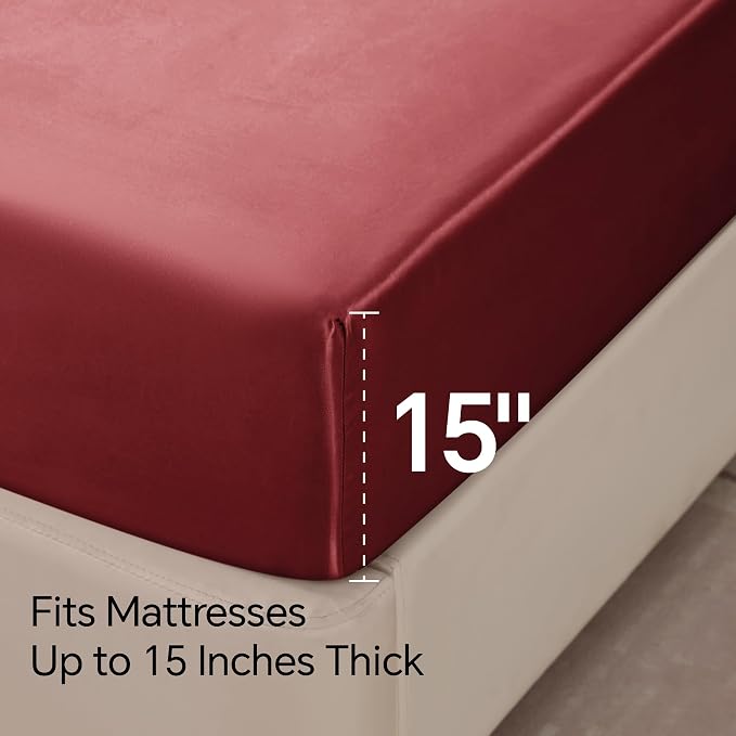 BEDELITE Satin Sheets King Size Bed Set, Burgundy, 4 Pieces | Luxury Silky Bed Sheets, 15 Inch Deep Pocket, Similar to Silk, Soft and Cooling, Reduces Friction, Gentle on Hair and Skin