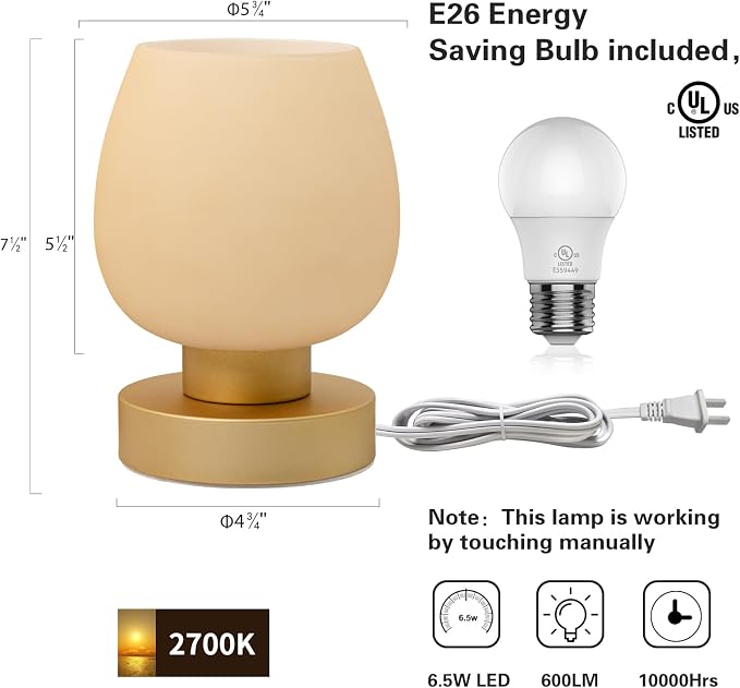 Touch Bedside Table Lamp Set of 2 - Small Modern Table Lamp for Bedroom Living Room Nightstand, 3-Way Dimable Desk lamp with Desert Titanium Color Glass Lamp Shade, 2700K LED Bulb, Simple Design
