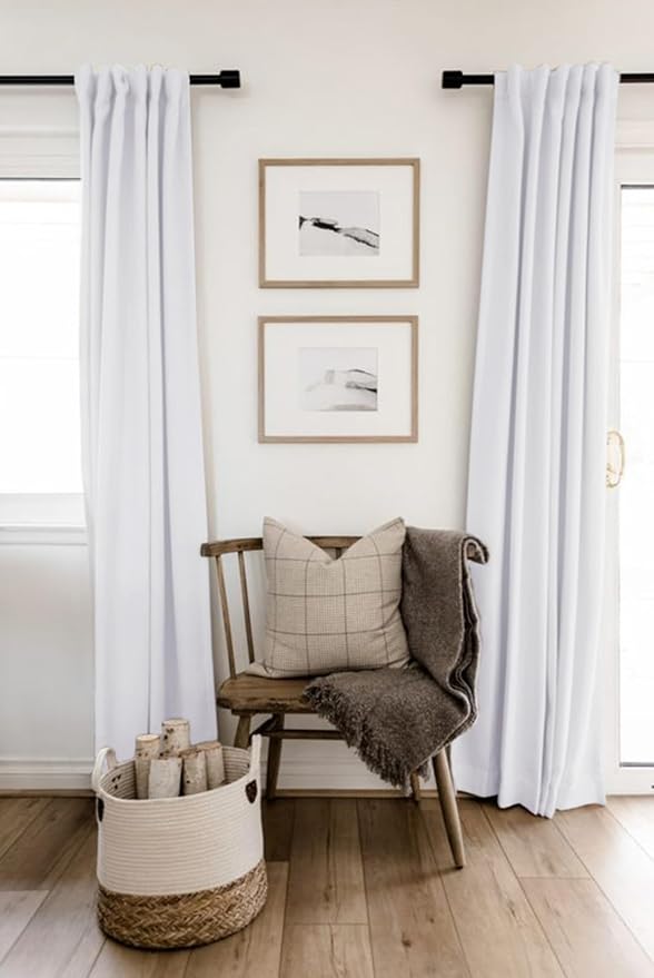 Faux Linen Total Blackout Curtains for Bedroom 63 Inch Long Bright White | 100% Blackout Shield, Back Tab/Rod Pocket Living Room Drapes, Thermal Insulated Blackout Curtains 2 Panels Set, 50"W x 63"L