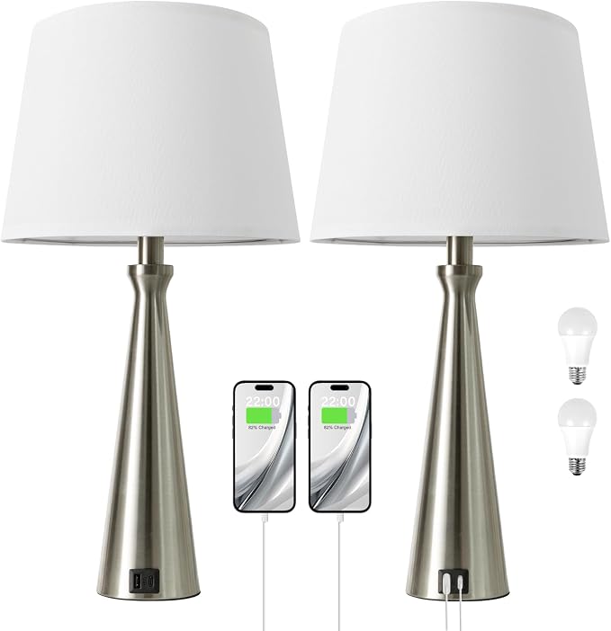 Modern Touch Lamps for Nightstand, 3 Way Dimmable Bedroom Lamp Set of 2 | USB C+A Charging Ports, Silver Bedside Lamps for Bedroom, Living Room, End Table, Bed Side, LED Bulb Included