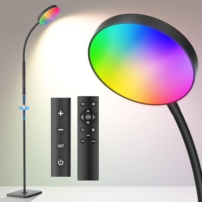 PACOVY Floor Lamp, Adjustable Height Floor Lamps for Living Room Bedroom, 120 LED Super Bright Standing Lamp Remote Control Dimmable Gooseneck Tall Stand Reading Lamp for Office Craft, Black-RGB
