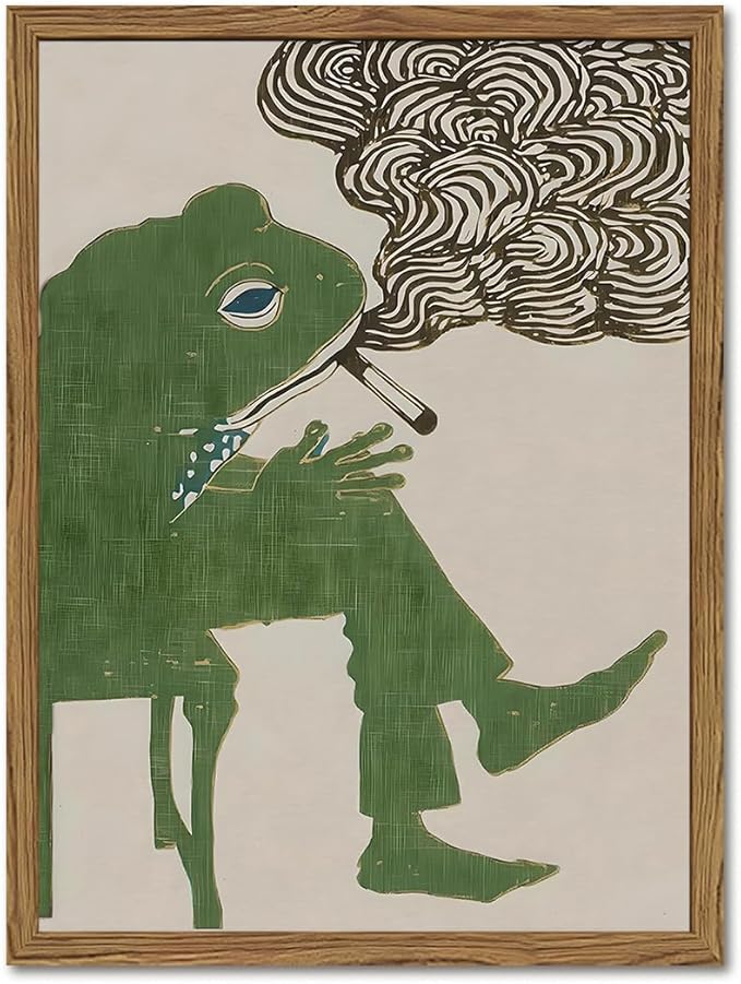 Funny Frog Smoking Wall Art Whimsical Green Frog Wall Decor Painting Cute Animal Bar Cart Poster Canvas Prints for Bedroom Living Room 16x24 inch Wood Framed