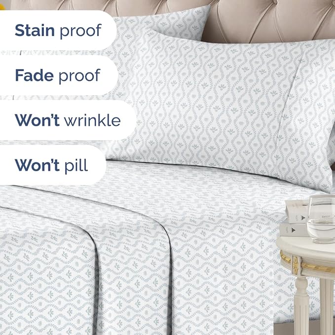 King 4 Piece Floral Sheet Set - Soft, Breathable & Cooling - Grey Damask | 1 Flat, 1 Fitted & 2 Pillowcases w/ Deep Pockets, Boho Botanical Floral Bedding, Breathable & Cooling, Wrinkle & Fade Free