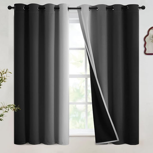 SimpleHome 100% Blackout Ombre Bedroom Curtains Black and Greyish White,54L | Room Darkening Curtains,Thermal Insulated Grommet Window Drapes and Curtains for Living Room,2 Panels, 52x54 inches Length