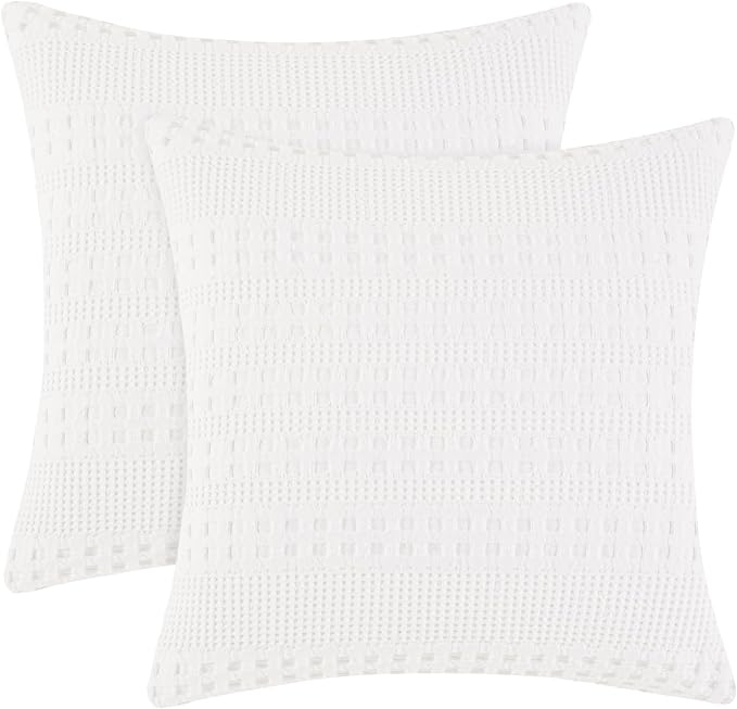 PHF 100% Cotton Waffle Weave Euro Sham Covers, 2 Pack 26" x 26" Bed Pillow Covers for Elegant Home Decor, No Filling, Luxury Aesthetic Soft Euro Pillow Cases for Bed, White