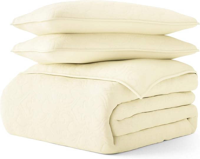 Merit Linens Classic Quilt Coverlet Soft Set in Damask Stitching - Full/Queen Yellow