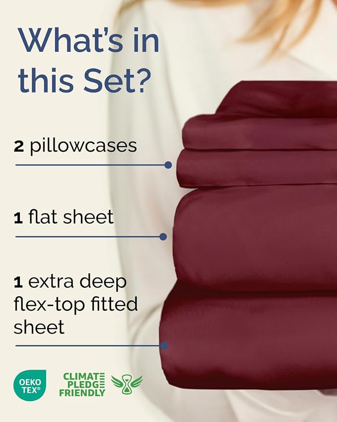 Flex Top Split Head King Sheet Set - 4 Piece Extra Deep Sheets - Burgundy | Easily Fits 18 to 24 inch Mattress, Ultra Soft, Wrinkle & Fade Free with Extra Deep Pockets, Comfy Hotel Luxury Bedding