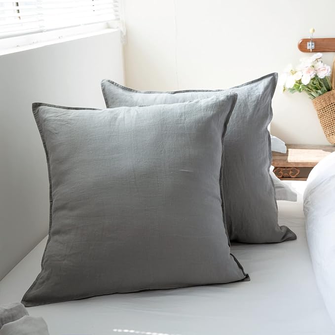 Simple&Opulence 100% Washed Linen Euro Shams 26'' x 26'' Pack of 2, Basic Style Solid Color Natural Flax Farmhouse Decorative Square Throw Pillow Covers for Bed Couch Sofa - Ultimate Grey