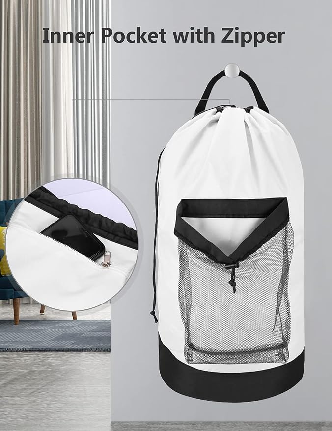 Backpack Laundry Bag, Laundry Backpack with Shoulder Straps and Mesh Pocket Durable Nylon Clothes Hamper Bag with Drawstring Closure for College, Travel, Laundromat, Apartment