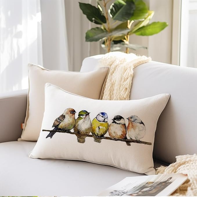 RABUSOFA Watercolor Birds Pillows Decorative Throw Pillows 12x20,Hand-Painted Oil Painting Rustic Birds Lumbar Pillow Cases,Cute Colorful Spring Summer Decorations for Home Couch Sofa Outdoor