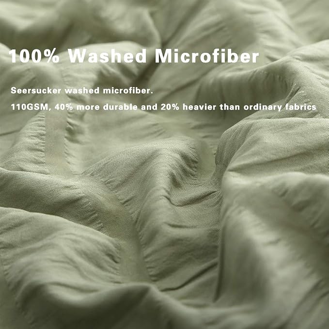AveLom Green Duvet Cover Twin(68 x 90 inches), 2 Pieces (1 Duvet Cover, 1 Pillow Case),Seersucker Tripe Soft Washed Microfiber Textured Duvet Cover Set with Zipper Closure, Corner Ties