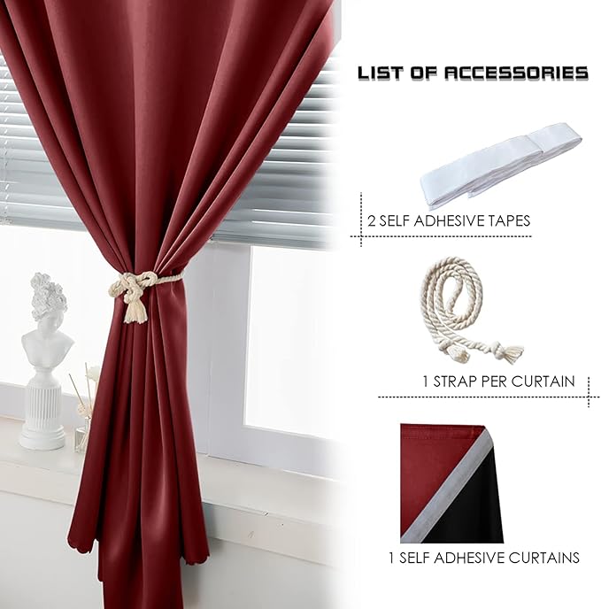 AJAZZ 100% Blackout Shades Window Cover Self Adhesive Curtains Sticky Curtain Portable Easy Open Black Out Curtains for Bedroom Living Room No Drilling (Burgundy, 35" W x 84" L 1 Panel)