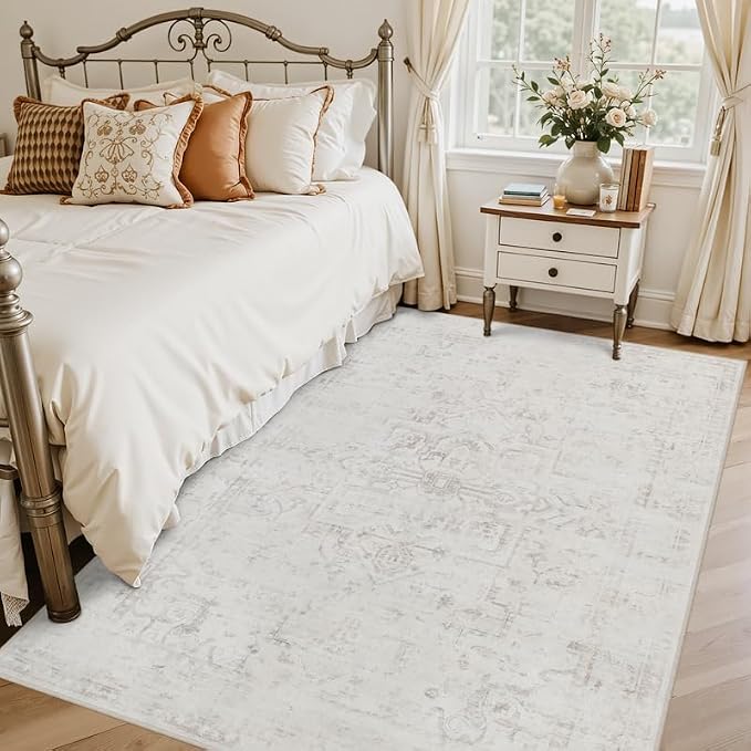 6x9 Area Rugs Living Room: Bedroom Washable Carpet Neutral Cream | Large Vintage Boho Indoor Decor Carpets Soft Nursery Farmhouse Dining Room Office Floor Non-Slip Low Pile Under Table Rug