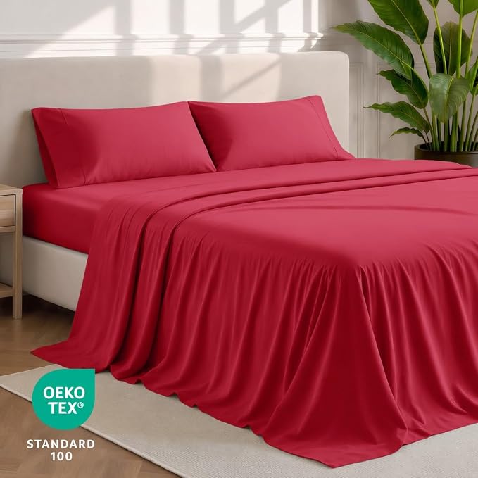 Bare Home Queen Sheet Set - 1800 Ultra-Soft (Queen, Red) | Deep Pockets 6 to 15 Inches, Breathable, Hypoallergenic, Hotel Luxury, Easy Fit, Soft, All-Season