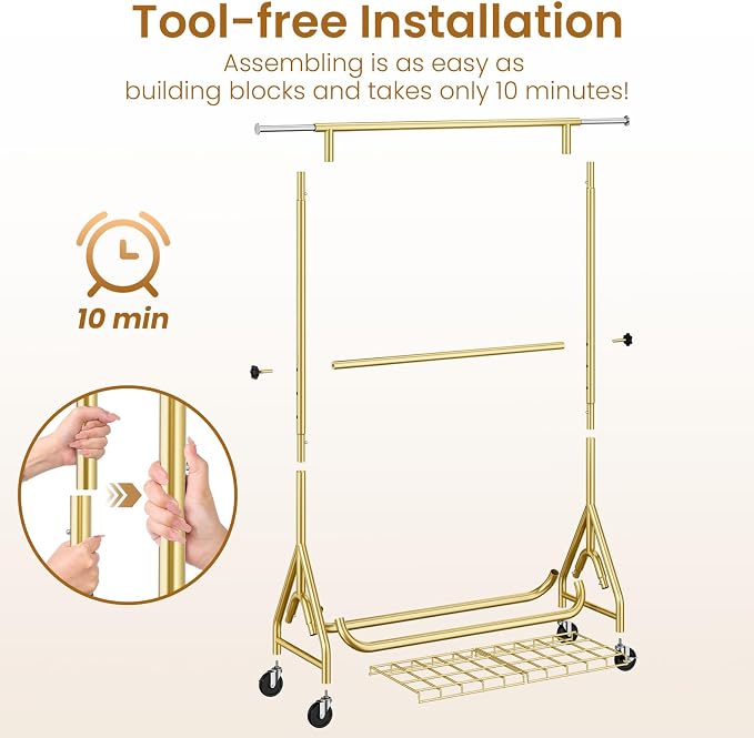 Heavy Duty Clothes Rack for Hanging Clothes, Double Rods Clothing Rack with Lockable Wheels, Rolling Garment Racks with Shelf, Easy to Assemble, Gold