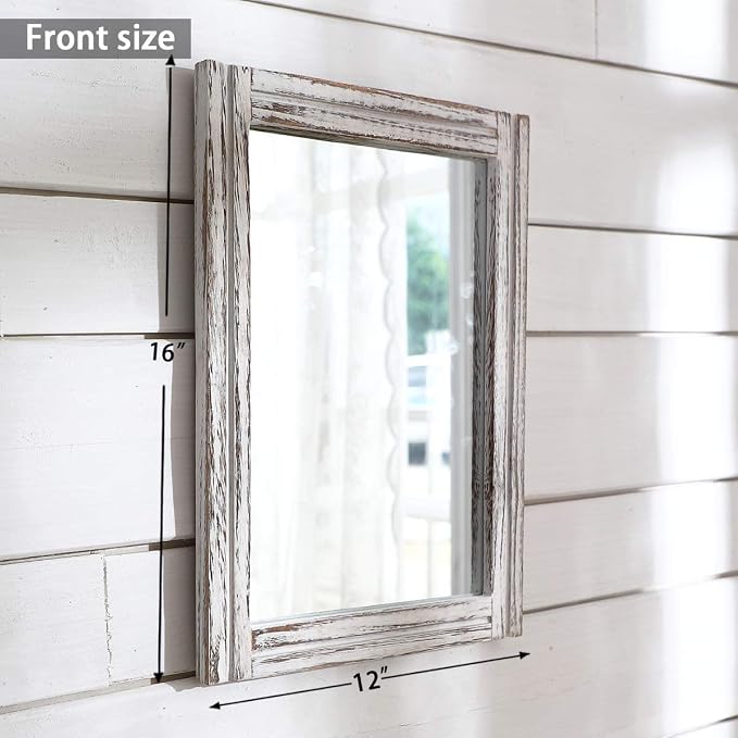 AAZZKANG Wall Mirror Rustic Wood Framed Rectangle Mirrors for Wall 16"x12‘’ | Decorative for Bedroom Bathroom Living Room Entryway Farmhouse Hanging Small