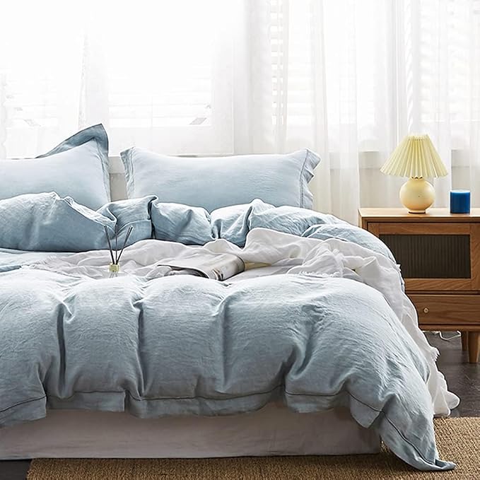 Simple&Opulence 100% French Linen Duvet Cover Set with Embroidered,3 Pcs Washed Soft Farmhouse Bedding Set with Button Closure,1 Comforter Cover and 2 Pillowshams(King,Dusty Blue)