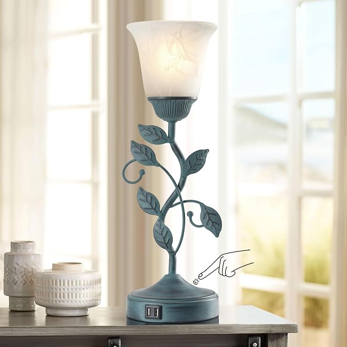 Vintage Touch Table Lamp for Living Room with 2 USB C+A Ports | 3-Way Dimmable Nightstand Lamp, Farmhouse Rustic White Glass Shade Leaf Desk Lamp for Bedroom End Table, LED Bulb Included