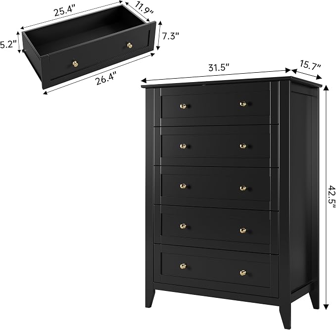 Garvee 5 Drawer Dresser for Bedroom, Modern Tall Chest of Drawers with Metal Knobs, Wooden Clothes Storage Organizer for Closet, Nursery, Living Room, Apartment, Black | Lacquered Finish, Metal Knobs, Clothes Storage Organizer for Closet, Nursery, Livi...