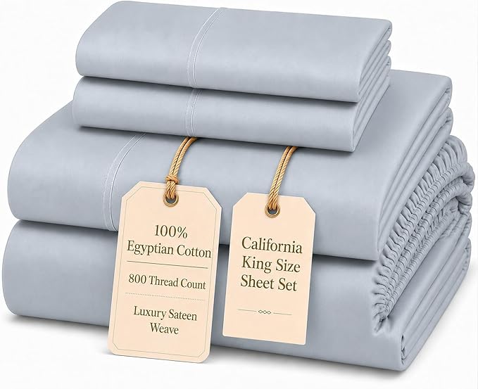 Egyptian Cotton Sheets 4 Piece Luxury CalKing Sheet Set - French Blue | 800 Thread Count Buttery Soft elasticized Sheet & Pillowcase Sets with 15" Deep Pocket, No Pill, Naturally Cool & Breathable