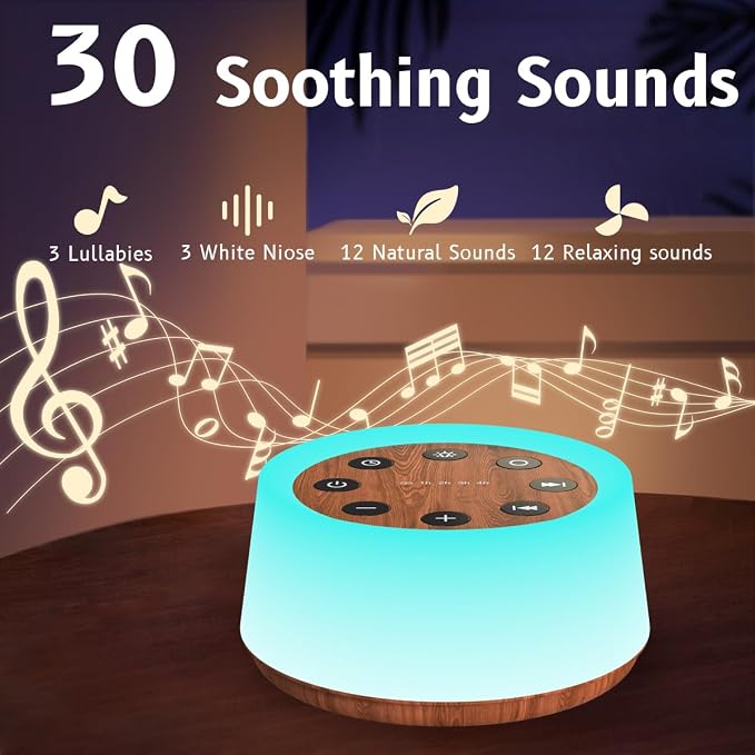 ColorsNoise Sleep Sound Machine White Noise Machine for Sleeping with 30 Sleep Music 5 Timers 12 Colors Baby Night Light with Memory Function for Baby Kid Adult(T-Wood)