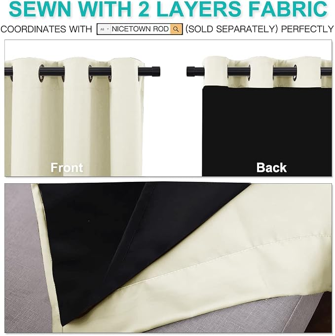 NICETOWN Beige Blackout Curtains for Living Room 52" w x 72" L 2 Panels | Completely Shaded Draperies Ring Top Drapes Black Lined Insulated Window Treatment, Privacy Protection Noise Reducing Decor