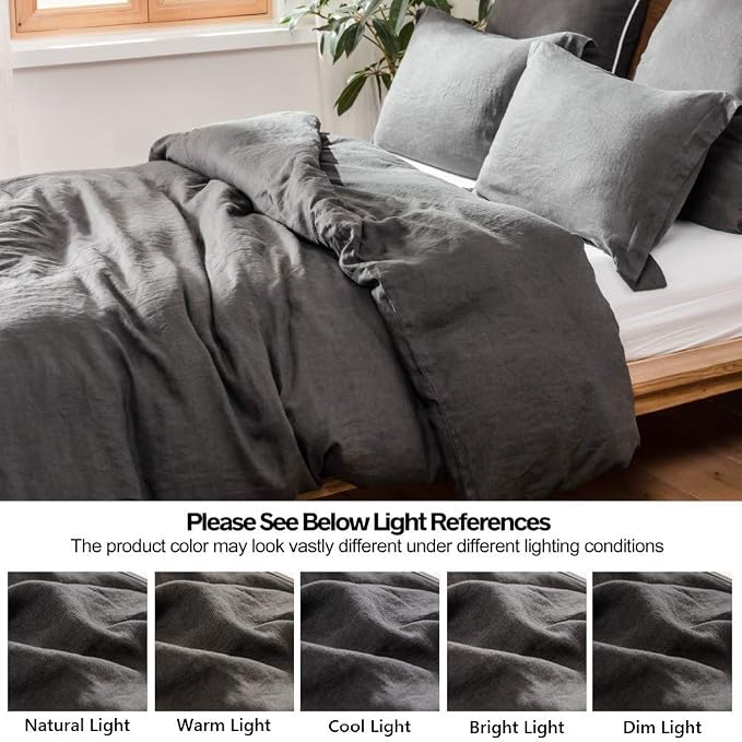 Simple&Opulence 100% Linen Duvet Cover Set 3pcs Basic Style Natural French Washed Flax Solid Color Soft Breathable Farmhouse Bedding with Button Closure - Dark Grey, King