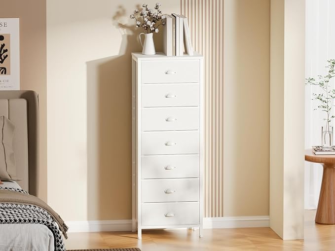 Furnulem White Tall Dresser for Bedroom, Chest of Drawer with Fabric Drawer | Tall Skinny Dresser with 7 Drawers, Metal Frame, Wooden Top, Dorm Vertical Closet, Bedside Furniture in Living Room