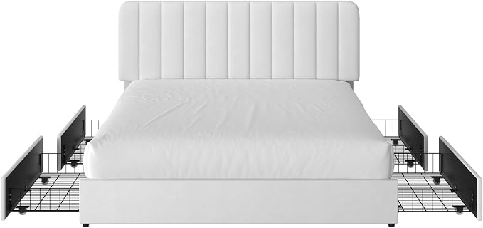 VECELO Full Size Upholstered Bed Frame with 4 Drawers and Headboard, Velvet Platform Storage Bedframe, Wooden Slats Support, No Box Spring Needed,Snow-White