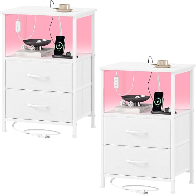 Somdot Nightstands Set of 2 with 2 Drawers, Charging Station & LED Light | Open-Shelf End Tables for Bedside, Dorm, Guest Room, Kids Room, Bedroom, Entryway and Hallway, White