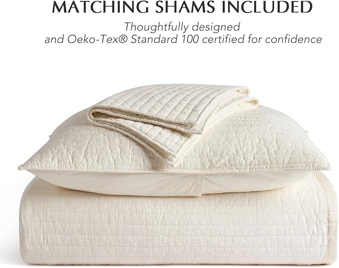 EVERGRACEHOME Cotton Sateen Quilt Set, King Size, Cream | 100% Cotton, Channel Stitch Coverlet Bedspread, Pre-Washed Lightweight Soft Bedding Set for All Season, 3 Piece, with 2 Shams