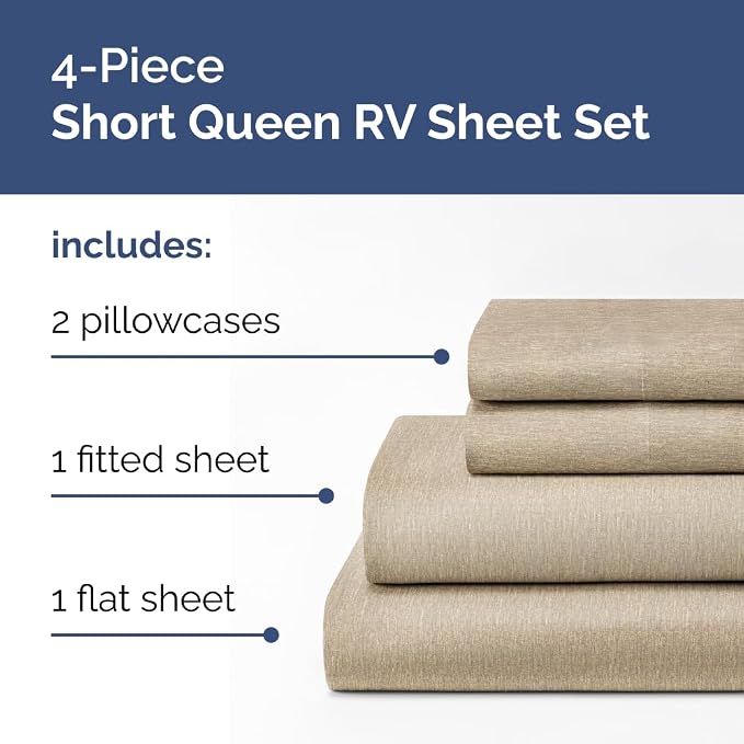 Short Queen Size 4 Piece Bed Sheet Set - RV Short Queen - Heathered Beige | Ultra-Soft, Breathable & Cooling Bed Sheets Set with Deep Pockets, Hotel Luxury Bedding for Women & Men, Wrinkle & Fade Free