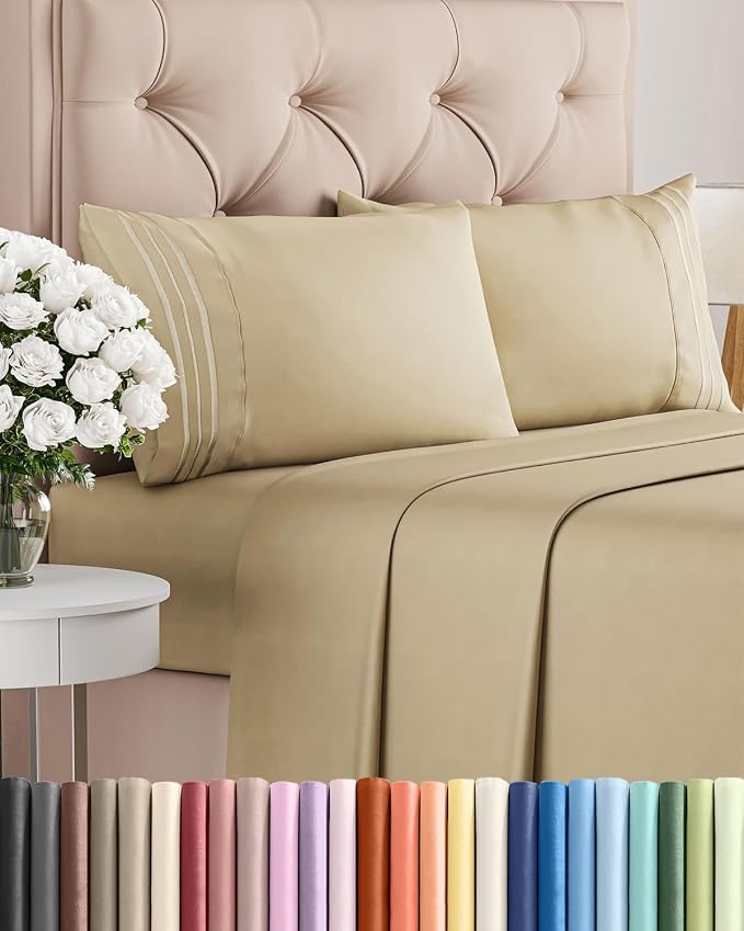 King Size 4 Piece Sheet Set - Comfy Breathable & Cooling Sheets - Beige | Hotel Luxury Bed Sheets for Women & Men, Deep Pockets, Easy-Fit, Extra Soft and Wrinkle Free Sheets, Oeko-Tex Bed Sheet Set