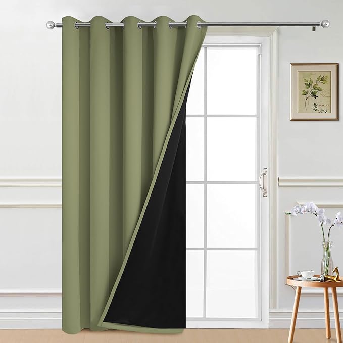 Yakamok Sage 100% Blackout Patio Door Curtain Panels W70 x L84,1 Panel | Noise Reducing Barrier Panel for Sliding Glass Door, 2 Thick Layers Heat Full Light Blocking Patio Door Drapery